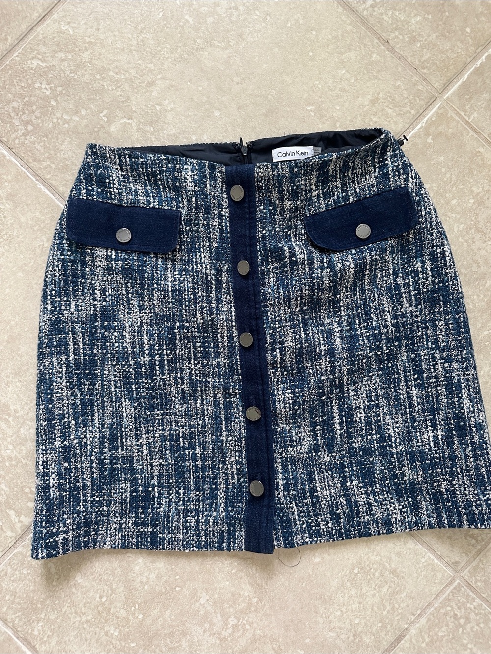 Calvin Klein Navy & White Tweed Mini Skirt with Button Front